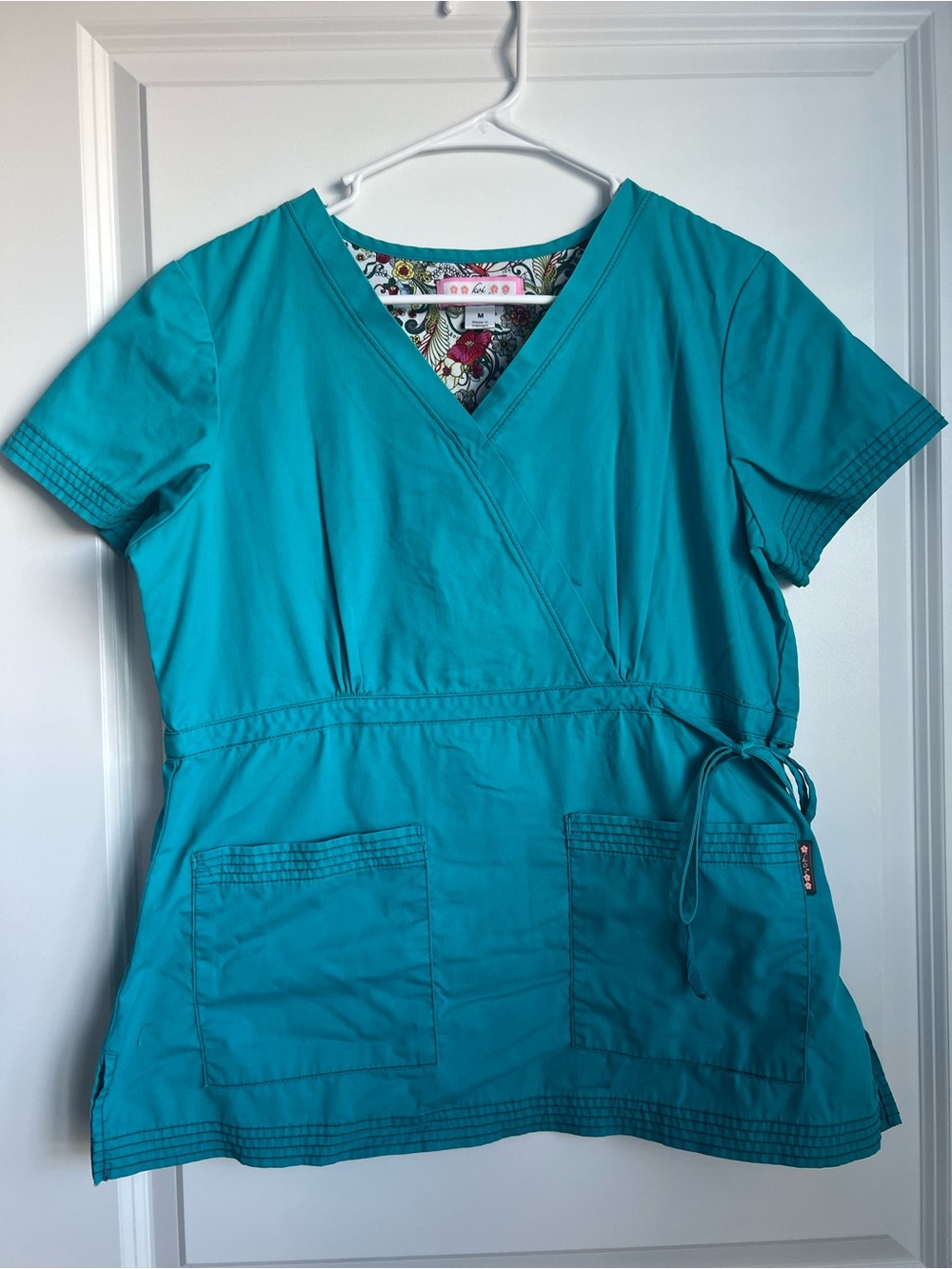 Koi by Kathy Peterson Teal Wrap-Style Medical Scrub Top